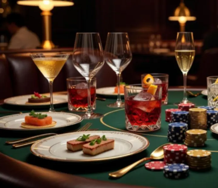 Gourmet fogások, koktélok és borok egy elegáns pókerasztalon, budapesti fine dining étteremben.