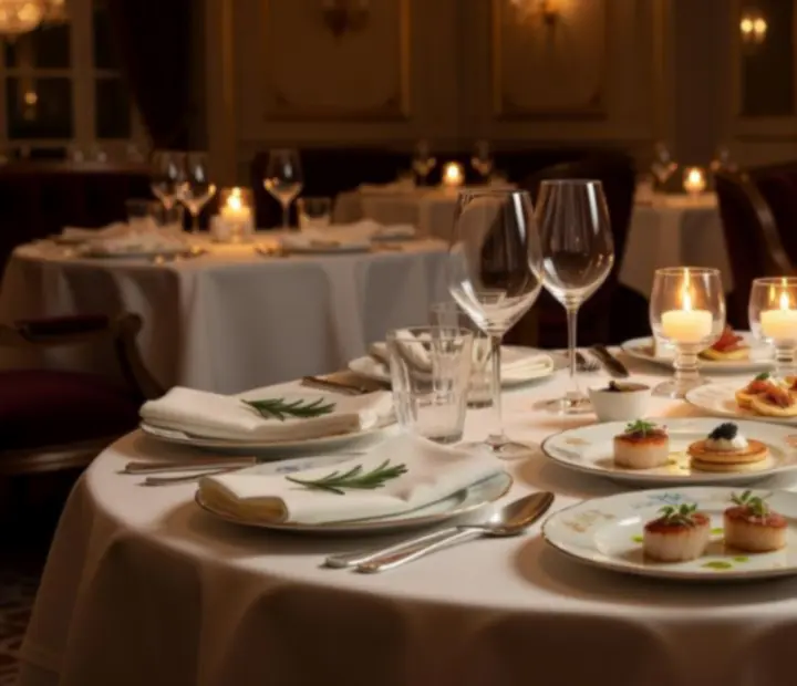Elegáns, gyertyafényes gourmet teríték a Budapest Helyek étteremben.