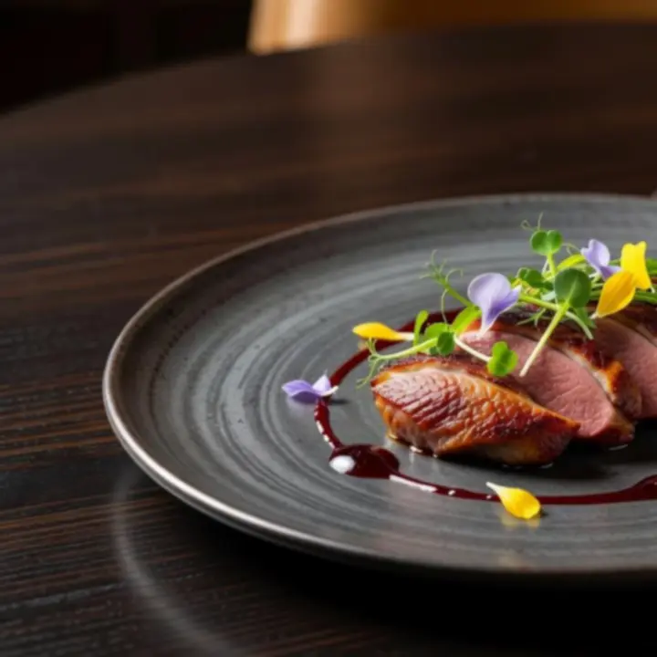 Művészien tálalt gourmet főétel a Budapest Helyek étteremben.