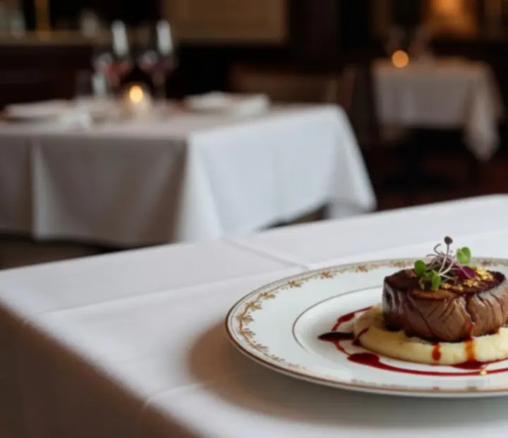 Michelin-inspirálta fine dining tálalás gyertyafényes éttermi környezetben.