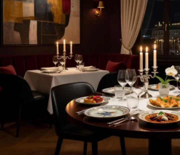 Elegáns privát vacsora Budapest Helyek VIP szalonjában gyertyafényes asztalokkal és gourmet fogásokkal.