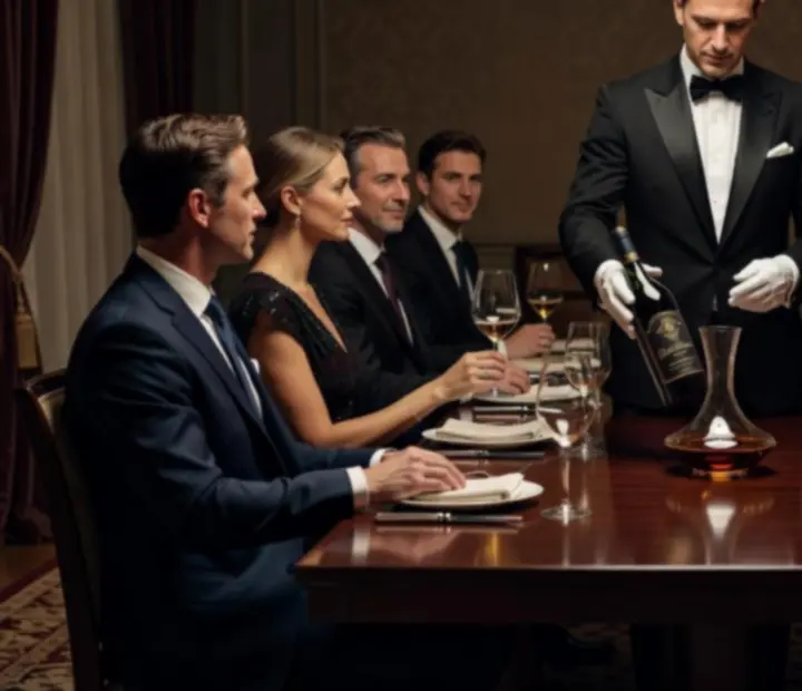 Sommelier prémium bort tölt egy kristálypohárba elegáns VIP környezetben.